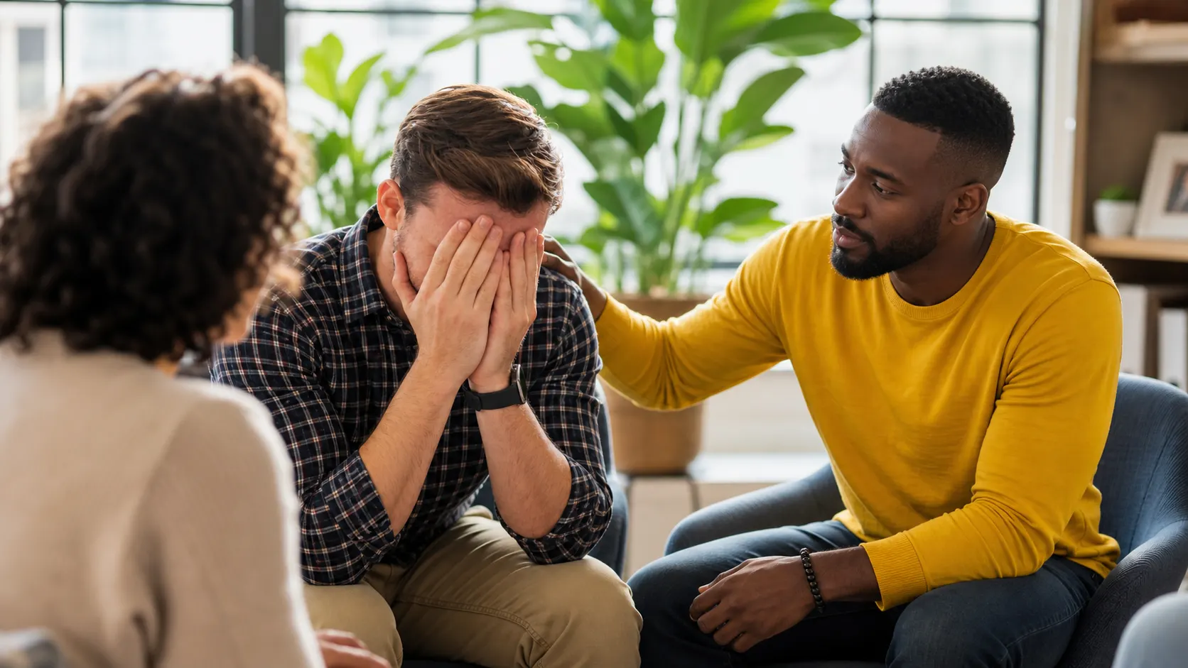 Peer support group at Compassionate Nest — a volunteer comforting a distressed man in a warm community space